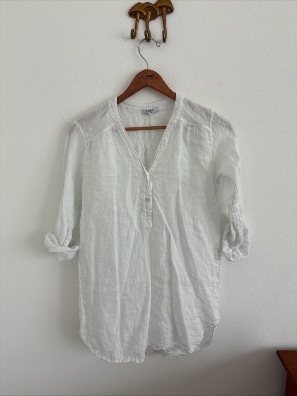 Rosemarine Linen Tunic Top White V Neck Roll Tab Sleeve Small
